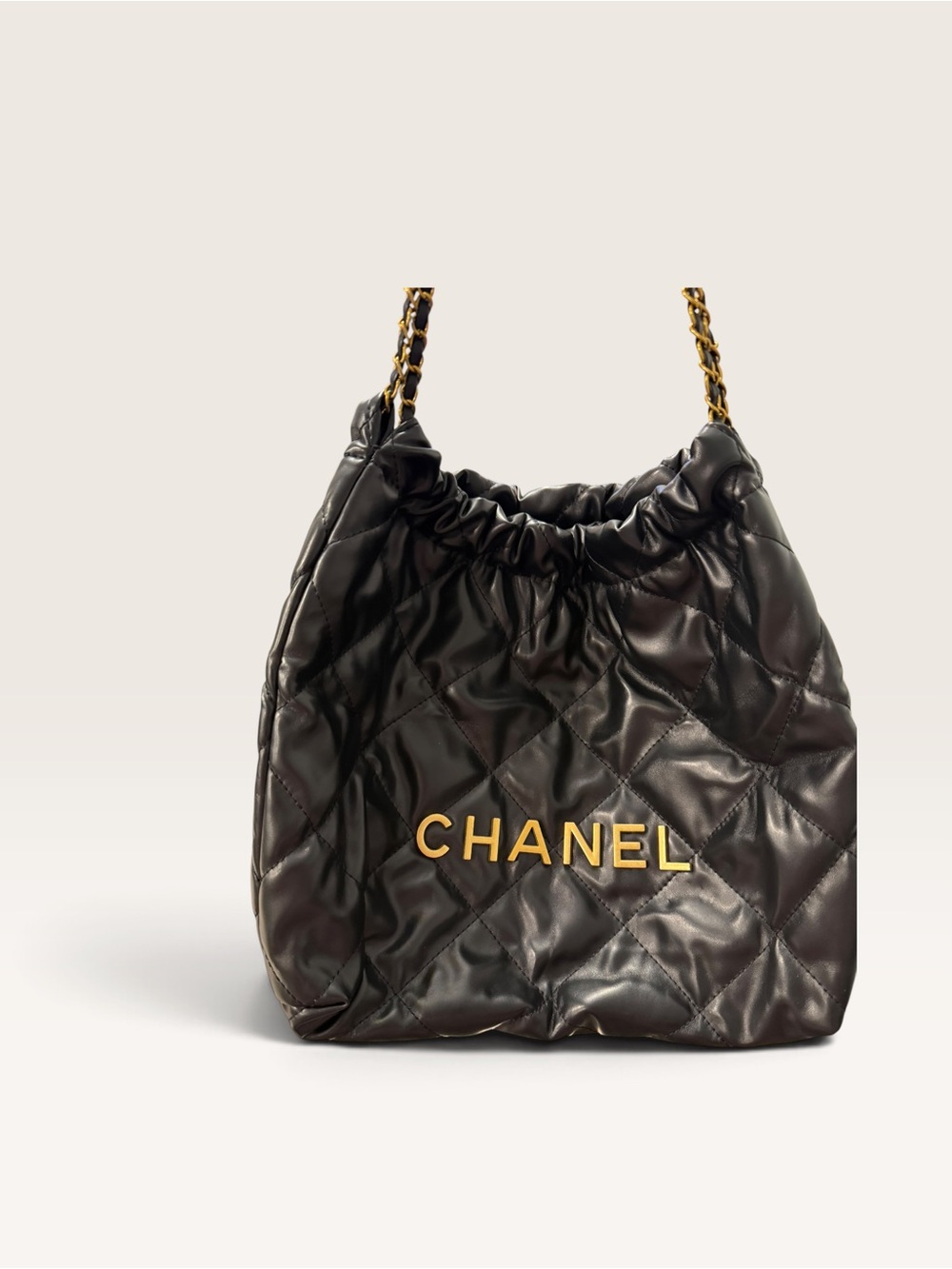 Source Unknown Black Quilted Shoulder Tote with Gold Logo and Chain Strap